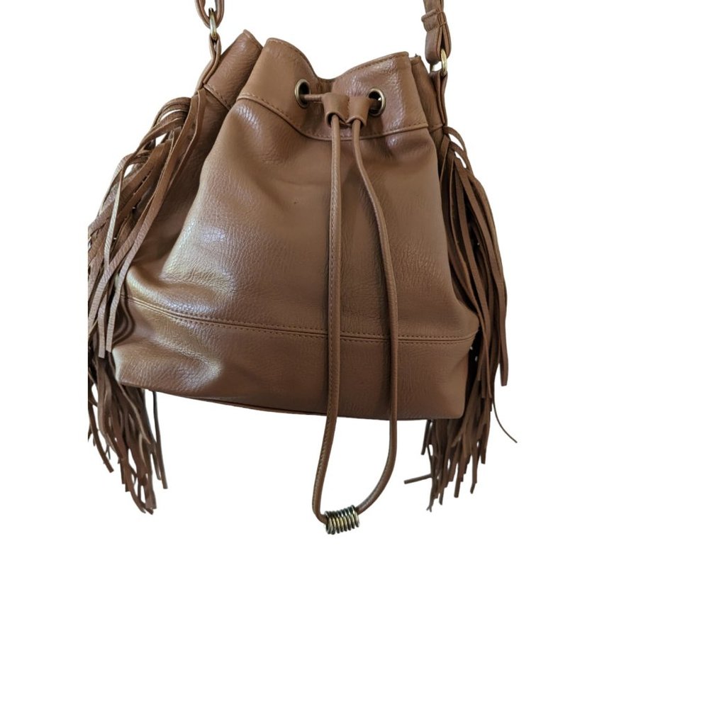 Aeropostale Cognac Brown Faux Leather Bucket Crossbody Fringed Bag - Picture 7 of 12